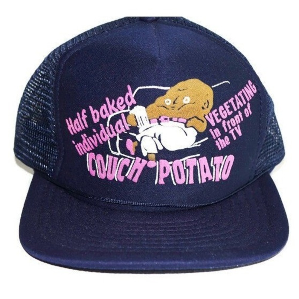 Couch‎ Potato Trucker Hat Mens OSFA Navy Blue Vintage Graphic Mesh Snapback